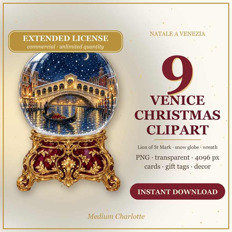 Venice Christmas Clipart – Lion of St Mark, Snow Globe & Wreath – 9 Transparent PNG
