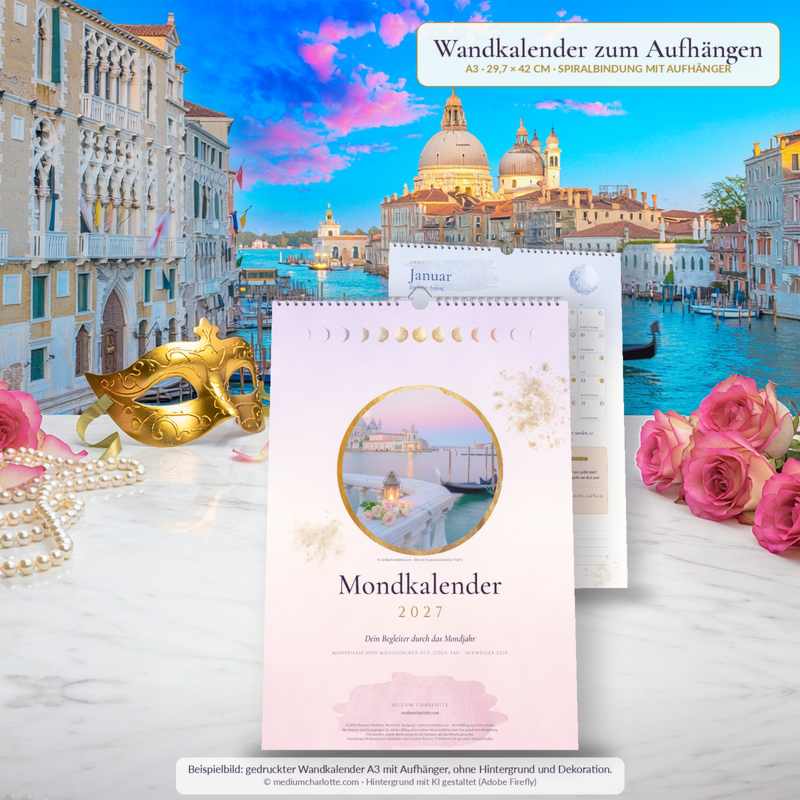 Mondkalender 2027 als Wandkalender A3 von Medium Charlotte: Titelblatt und Januar mit Spiralbindung auf einem Marmortisch vor der Lagune von Venedig