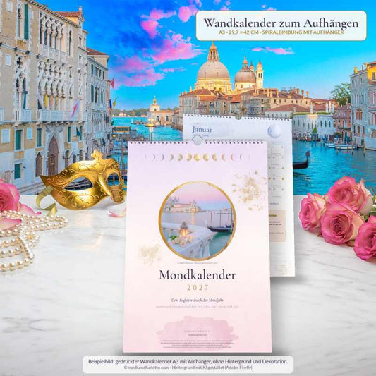 Mondkalender 2027 als Wandkalender A3 von Medium Charlotte: Titelblatt und Januar mit Spiralbindung auf einem Marmortisch vor der Lagune von Venedig