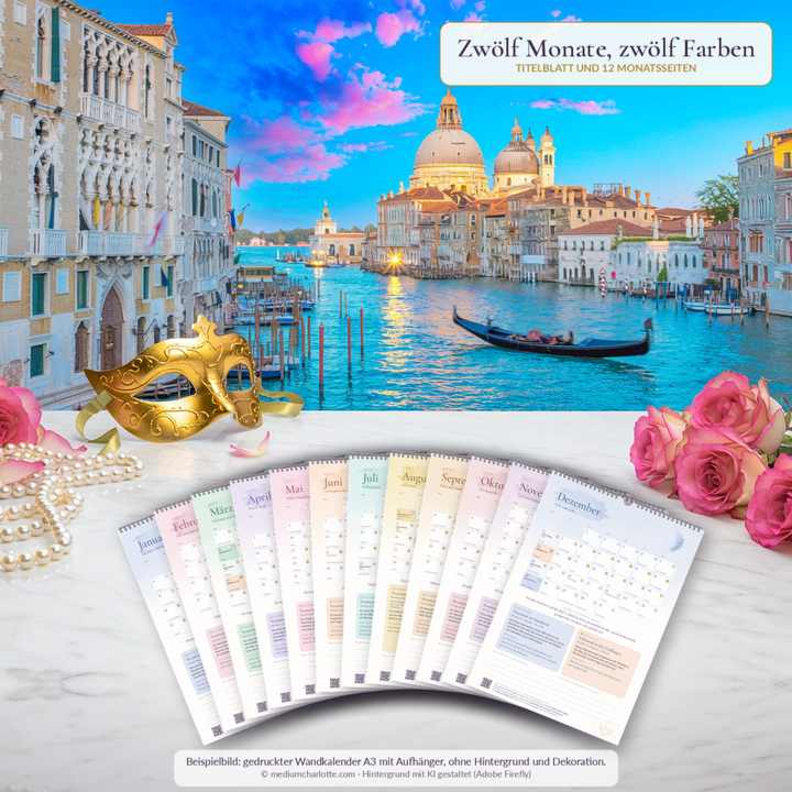Die zwölf Monatsseiten des Mondkalenders 2027 als Fächer, jeder Monat in seiner Jahreszeiten-Farbe, vor Santa Maria della Salute in Venedig