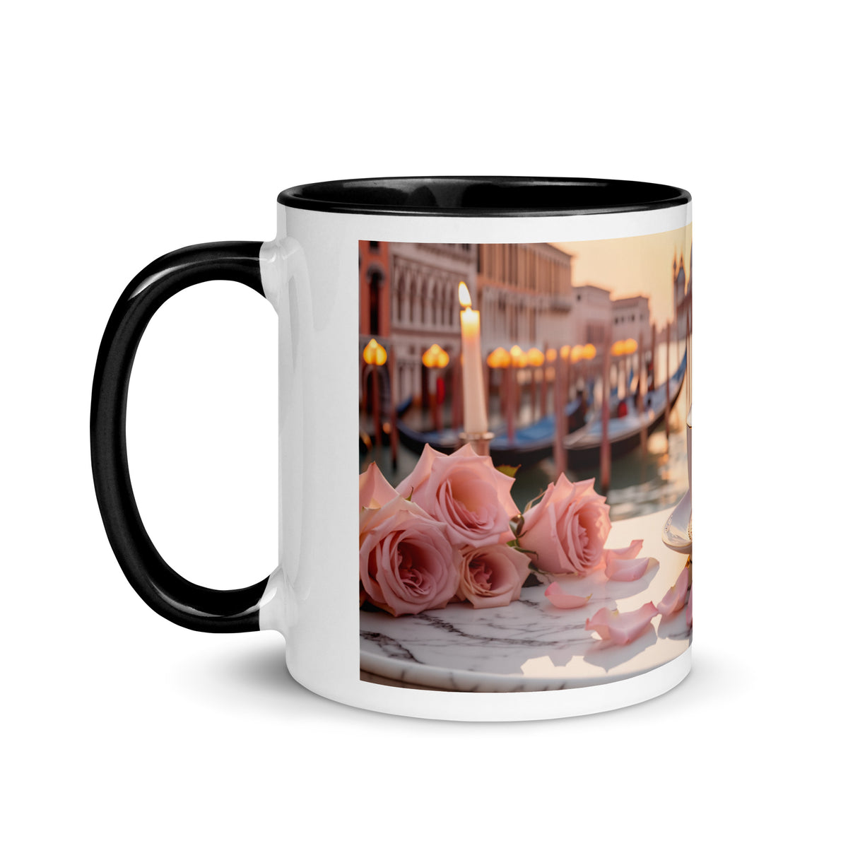 Venedig-Tasse «111» mit schwarzem Henkel, linke Seite: Kerze und rosa Rosen am Canal Grande