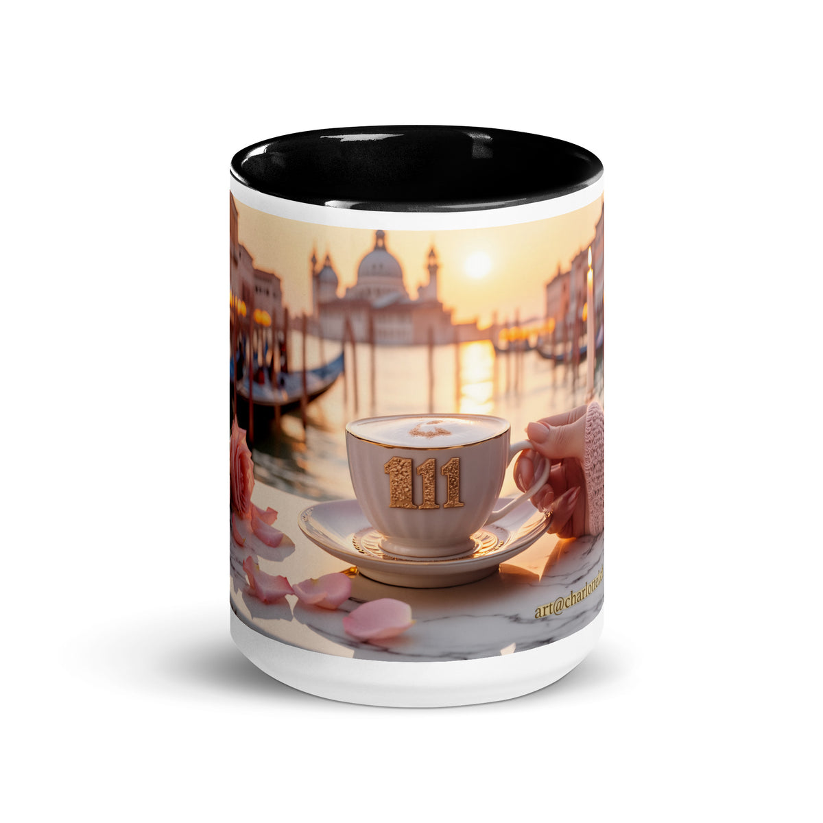 Grosse Venedig-Tasse «111» (15 oz) mit schwarzer Innenseite, Vorderansicht