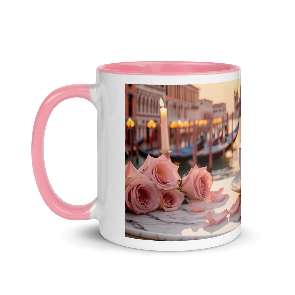 Venedig-Tasse «111» mit rosa Henkel, linke Seite: Kerze und rosa Rosen am Canal Grande