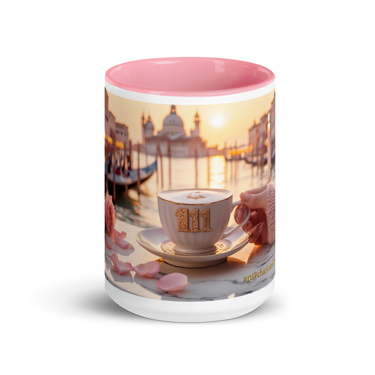 Grosse Venedig-Tasse «111» (15 oz) mit rosa Innenseite, Vorderansicht